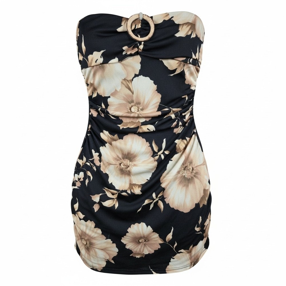 Ruby Rox Strapless Handkerchief Dress M Black Floral Women Ruched O-Ring Midi